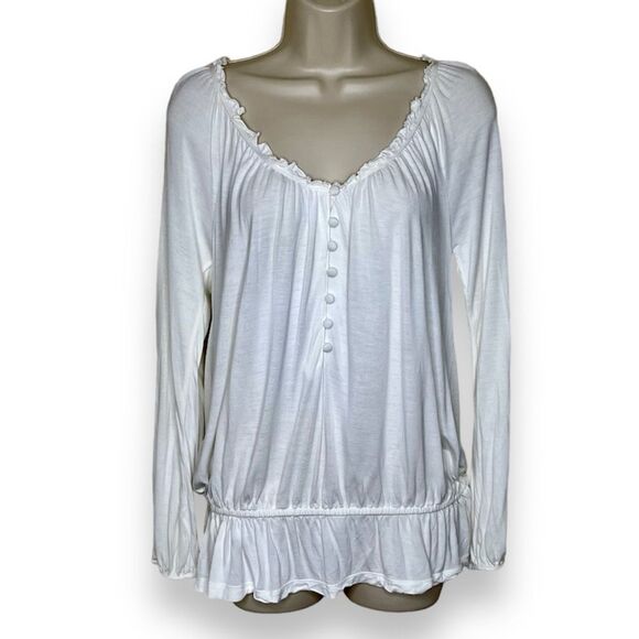 Old Navy Boho Ruffle Neck Long Sleeve Peplum Cream Rayon Shirt Women Medium - Picture 1 of 16